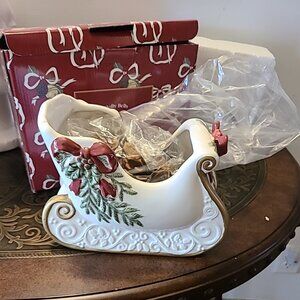 Noble Excellence Holly Bells Large Porcelain Sleigh Christmas Centerpiece 9.5"